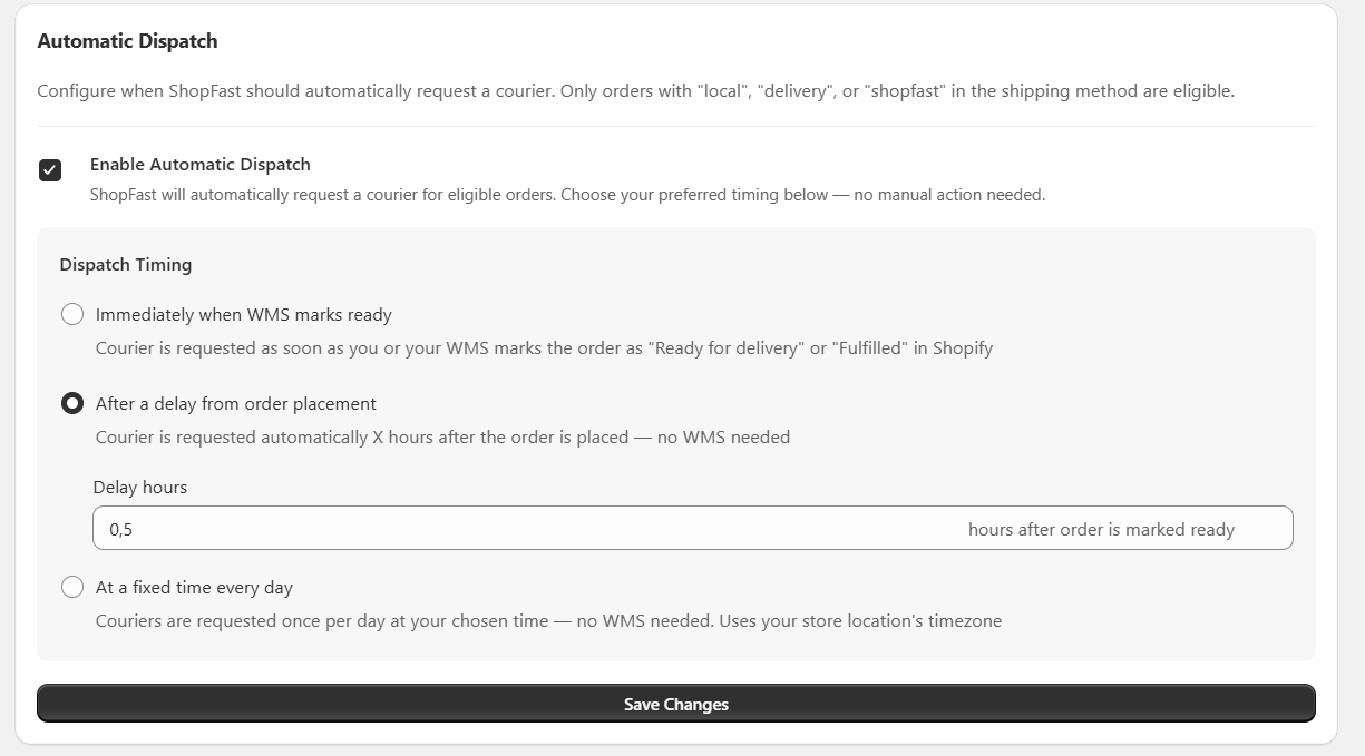 Automatic dispatch timing settings