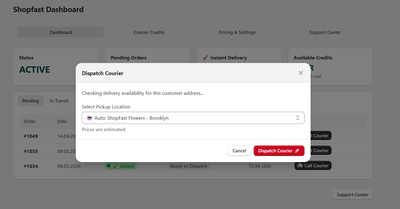 One-click dispatch modal
